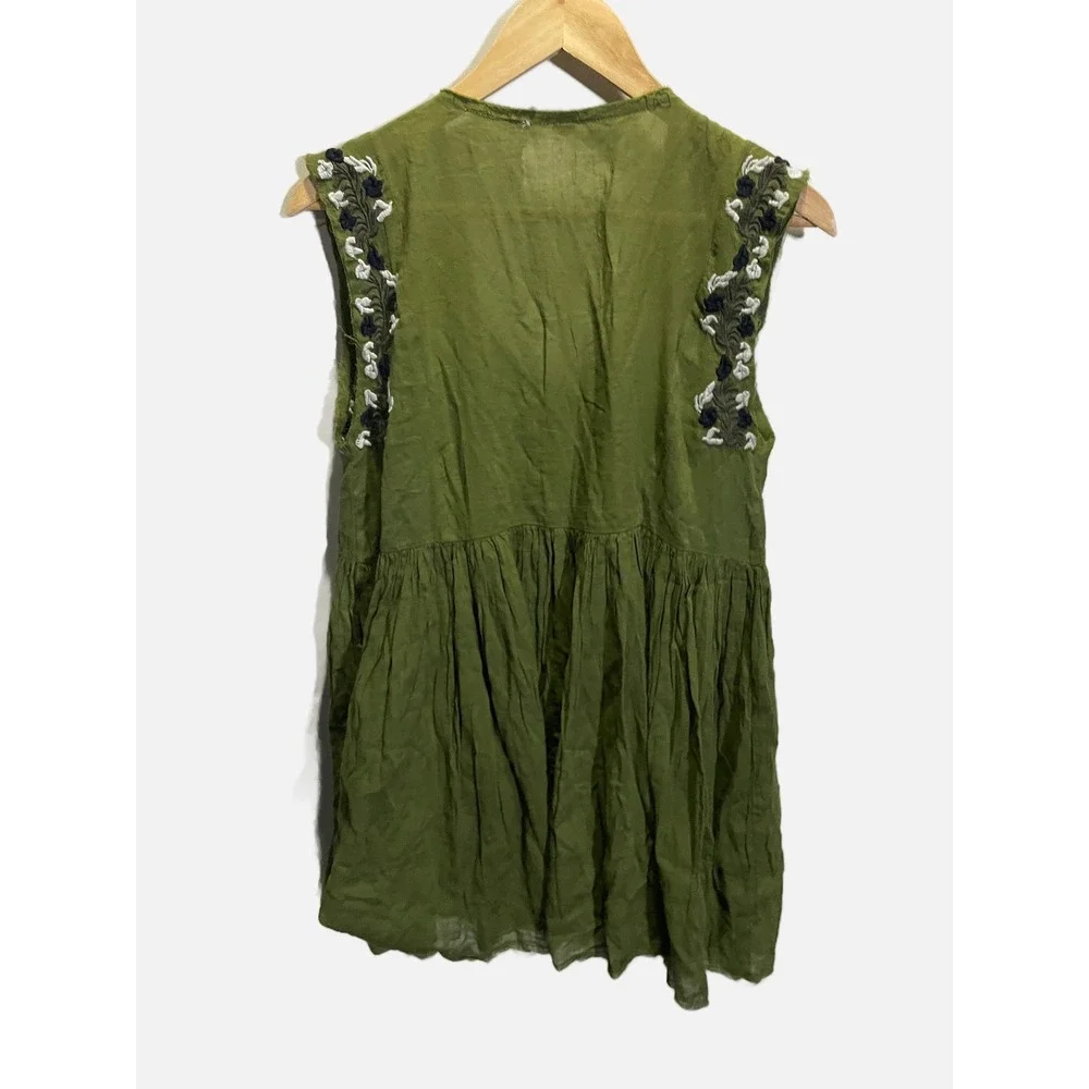 Free People FP One Tunic Dress Women XS Green Embroidered Boho Peplum Sleeveless
